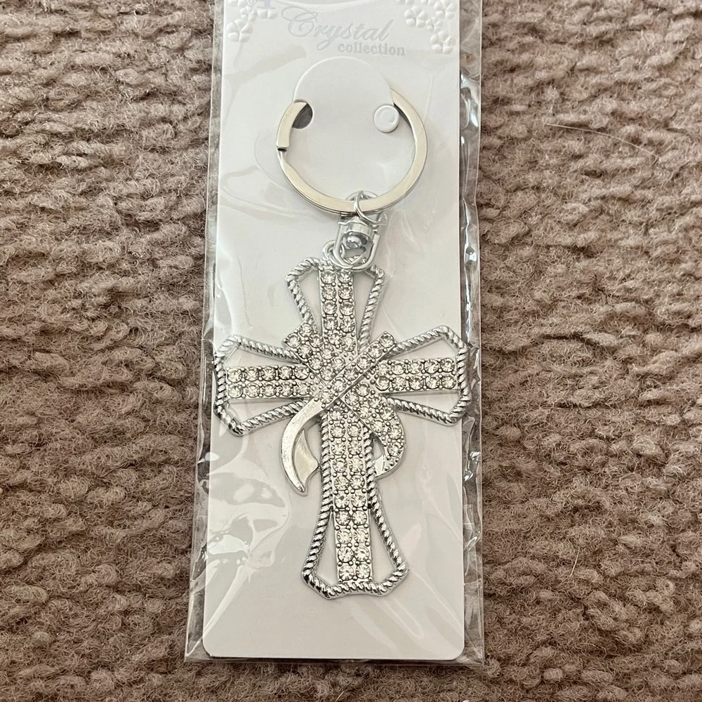 Silver Rhinestone Cross Keychain